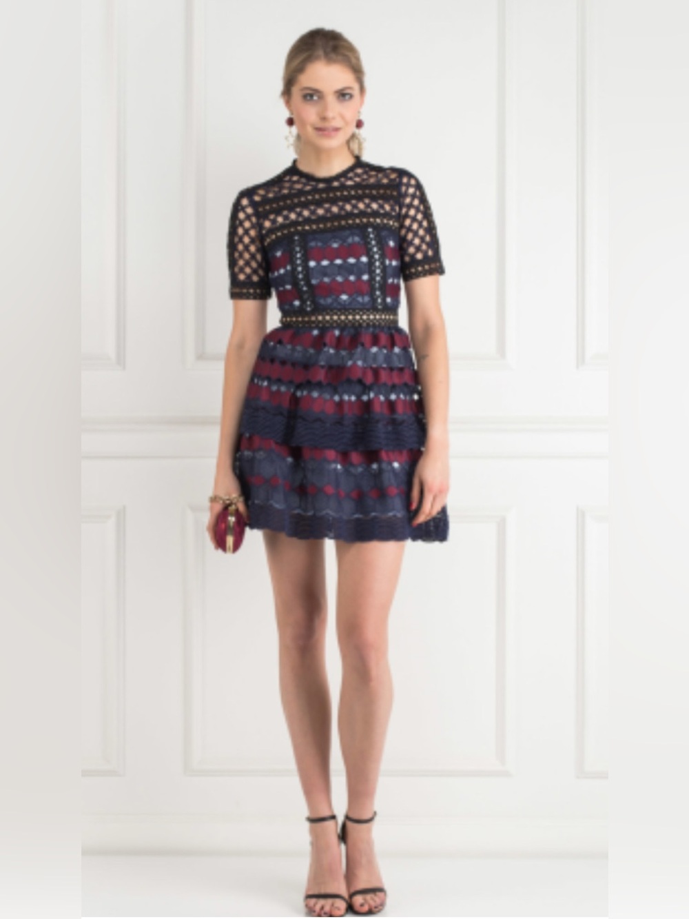 Self-Portrait hexagon lace Navy and Burgundy Lace-Panel Mini Dress. NWT